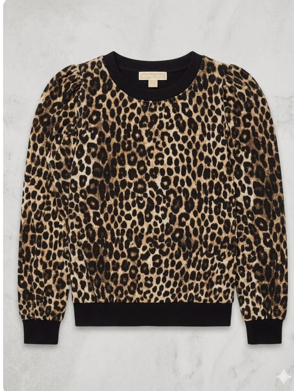 Michael Kors Leopard Velvet Velour Crewneck Sweater Top Puff Sleeve Animal